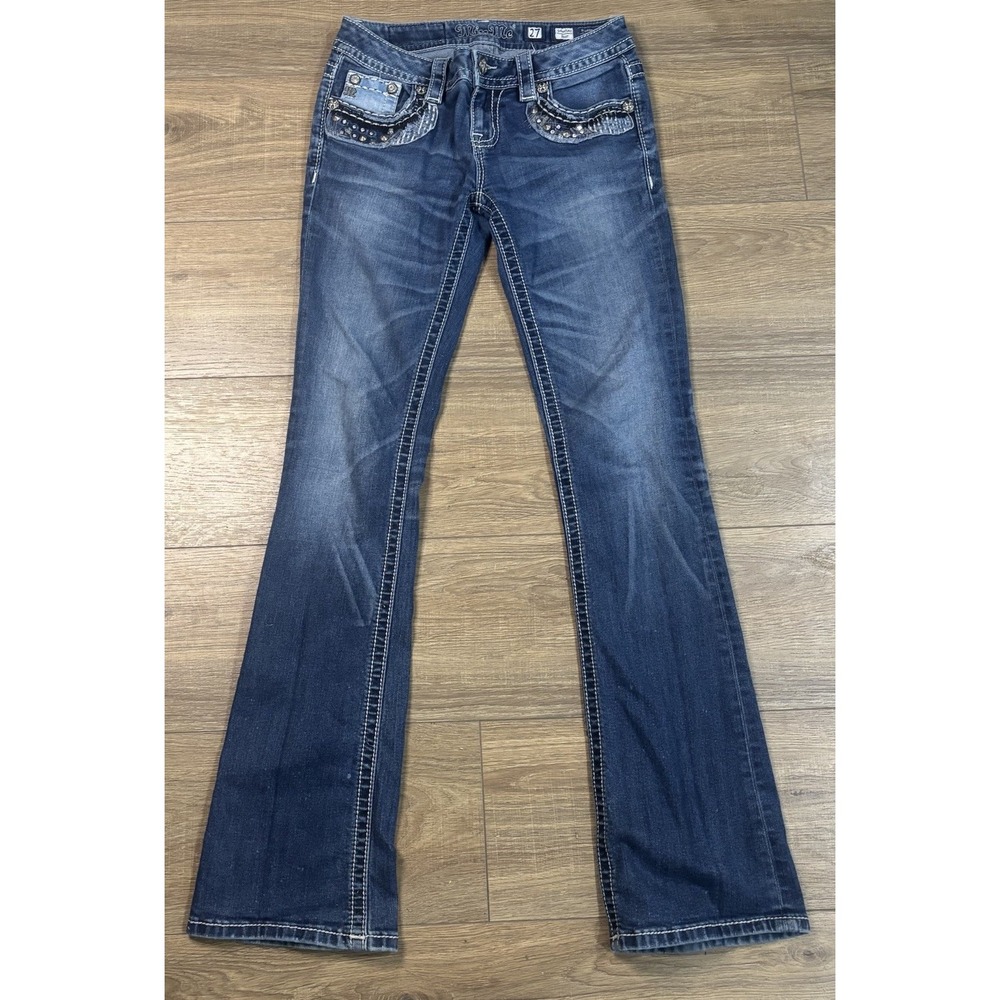MISS ME Jeans Mid-Rise Boot Rhinestone‎ stud embellished pockets SZ 27 EUC